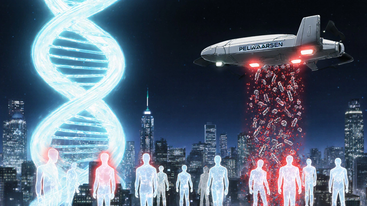A glowing genetic helix over a city, with 1 in 5 citizens glowing red, as a drone releases healing nanobots.