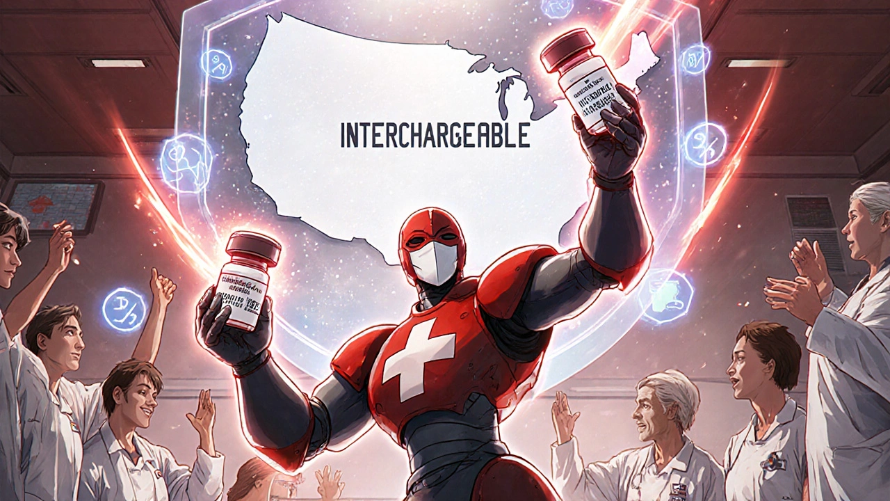 A heroic pharmacist robot swaps a biologic vial for a biosimilar as cost-saving data glows around them.