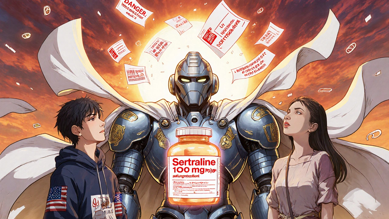 A heroic translator robot projects accurate multilingual medication labels between two confused travelers.