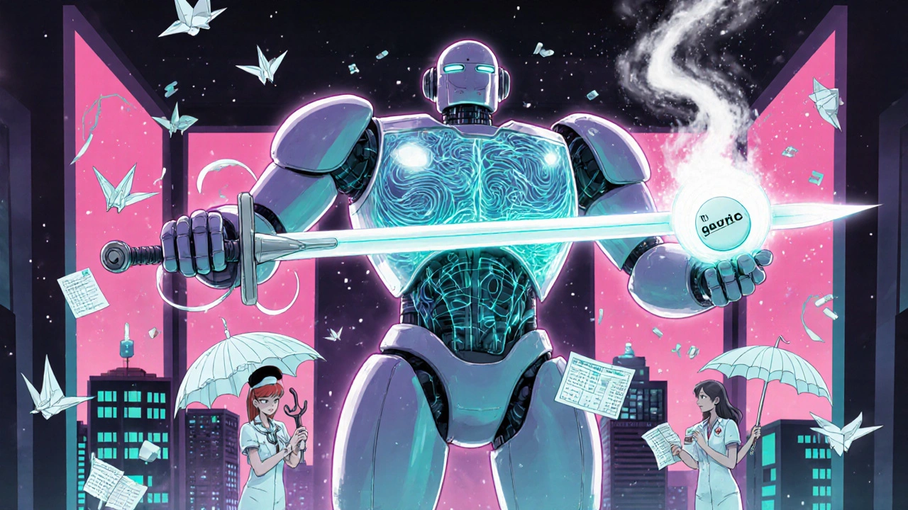 A massive robotic pharmacist balances brand-name and generic drug costs, aided by assistant robots in a futuristic medical center.