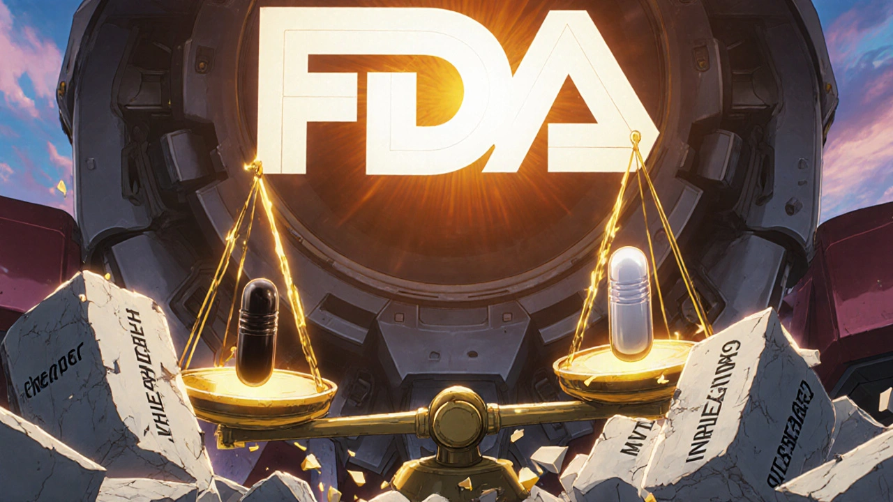 A mechanical scale balances generic and brand-name drugs as doubts crumble beneath them.