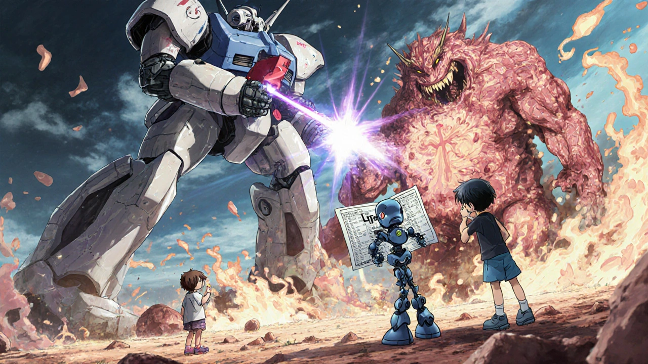 A medical robot battle against plaque monsters, with a child holding a family chart watching the fight.