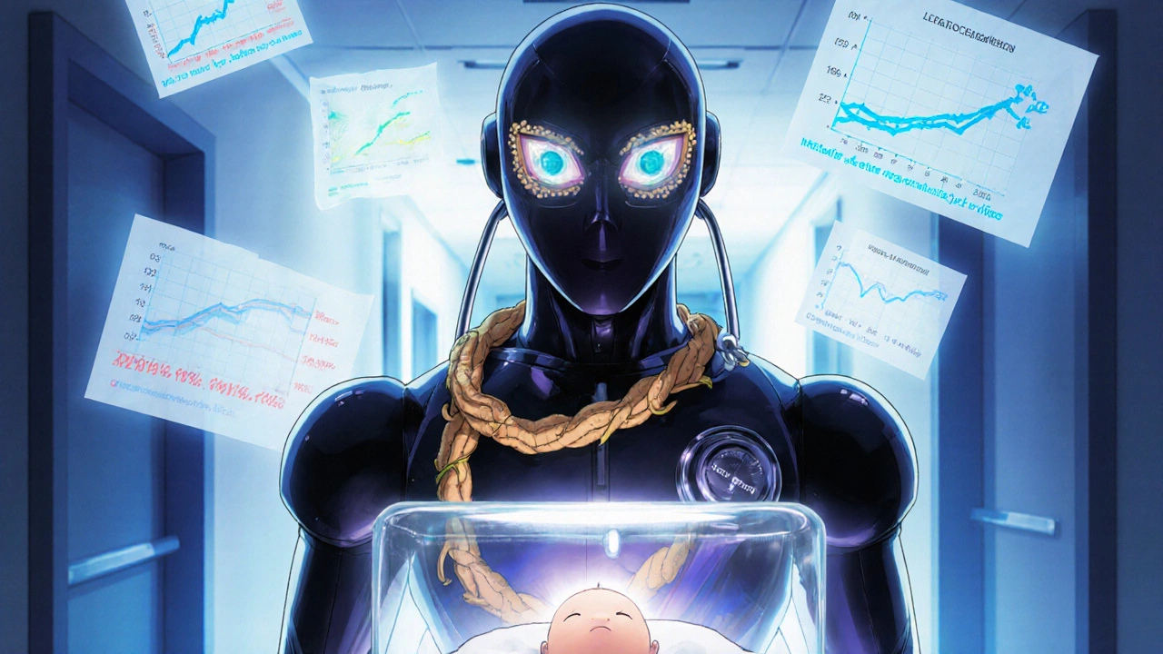 A medical robot with peanut-vine stethoscope administering allergy prevention to an infant.