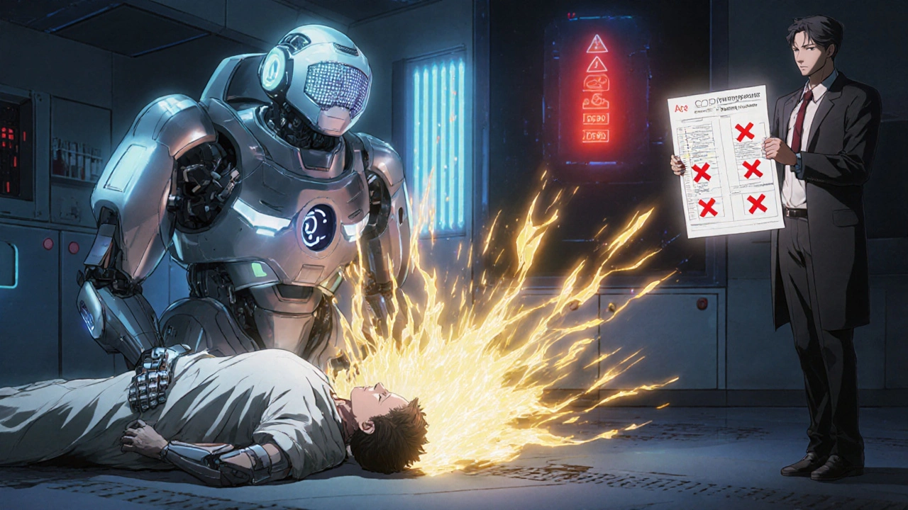 A patient collapsing with serotonin waves in an ER, medical robots scanning and alerting to drug interactions.