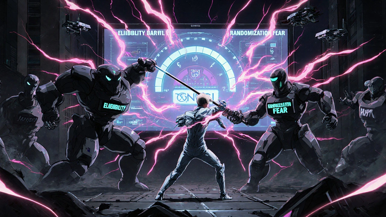 A patient in a medical exosuit battles fear and eligibility monsters with a DNA lance, surrounded by monitoring drones and holograms.