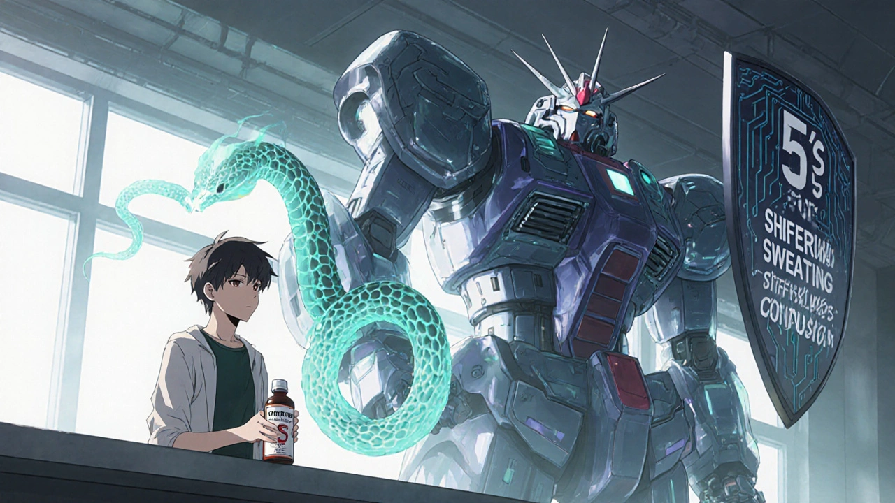 A person at a pharmacy holding cough syrup as a serotonin serpent coils around them, guarded by a mechanical hero.