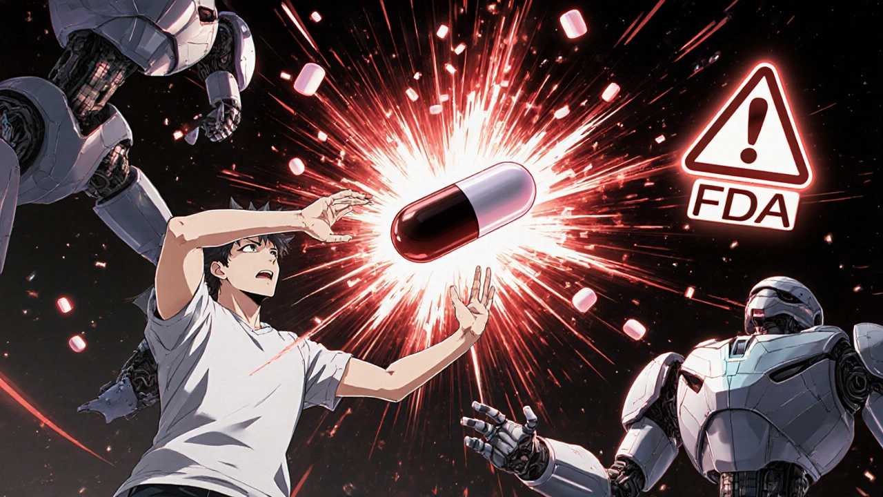 A person crushing an extended-release pill that explodes into a dangerous energy burst, with medical drones and a warning symbol nearby.