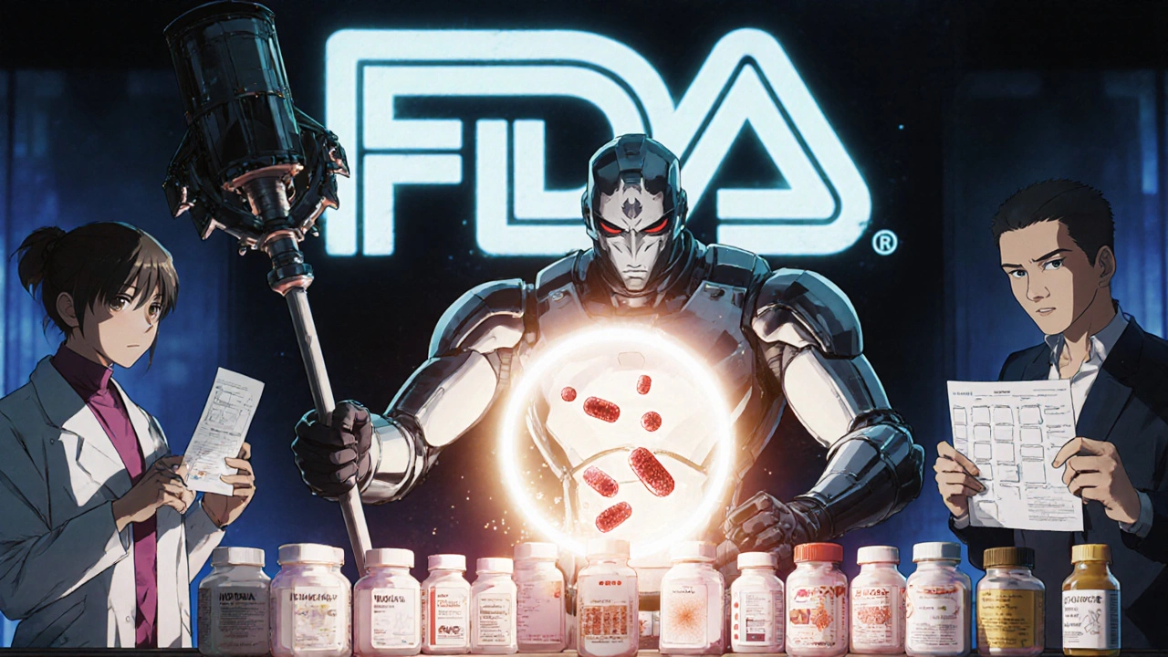 A pharmacist in a high-tech suit scans pills, destroying invisible contaminants with a glowing staff.