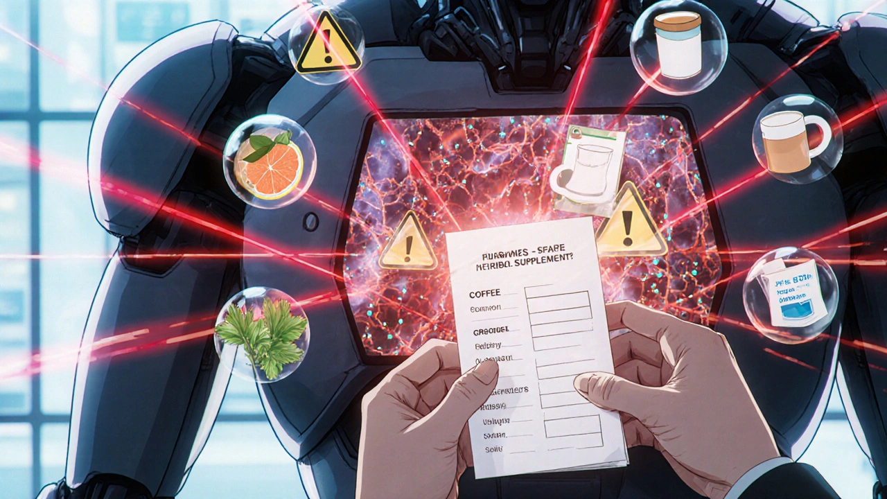 A robotic pharmacist displays holographic drug interactions as a patient holds a medication list.
