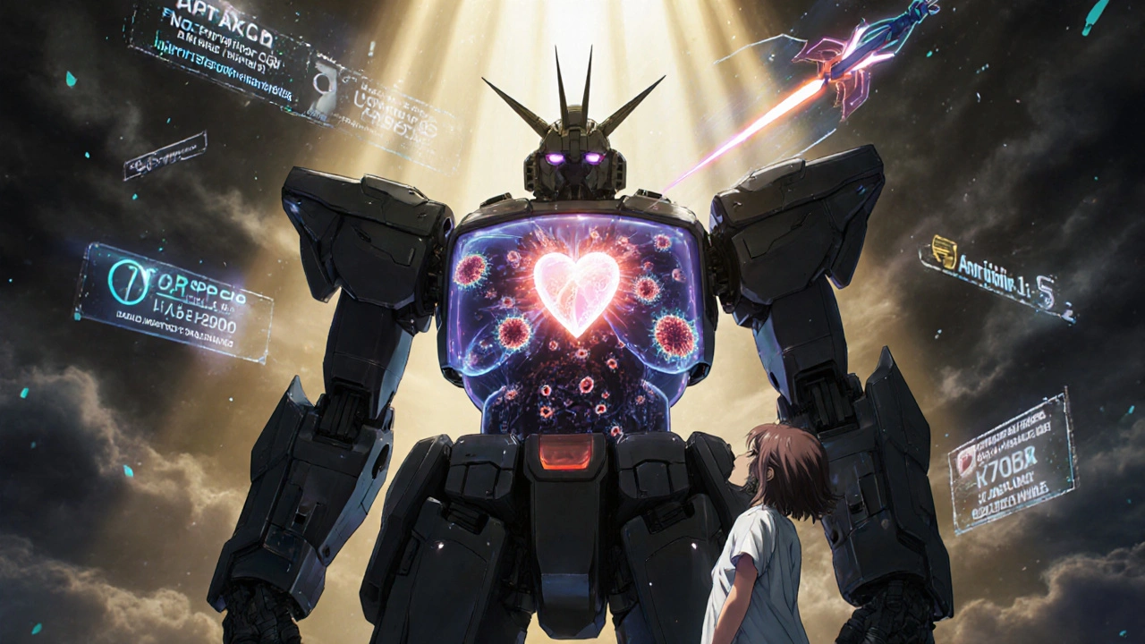 A robotic tumor analyzer with glowing nanobots and holographic treatments surrounds a hopeful patient.