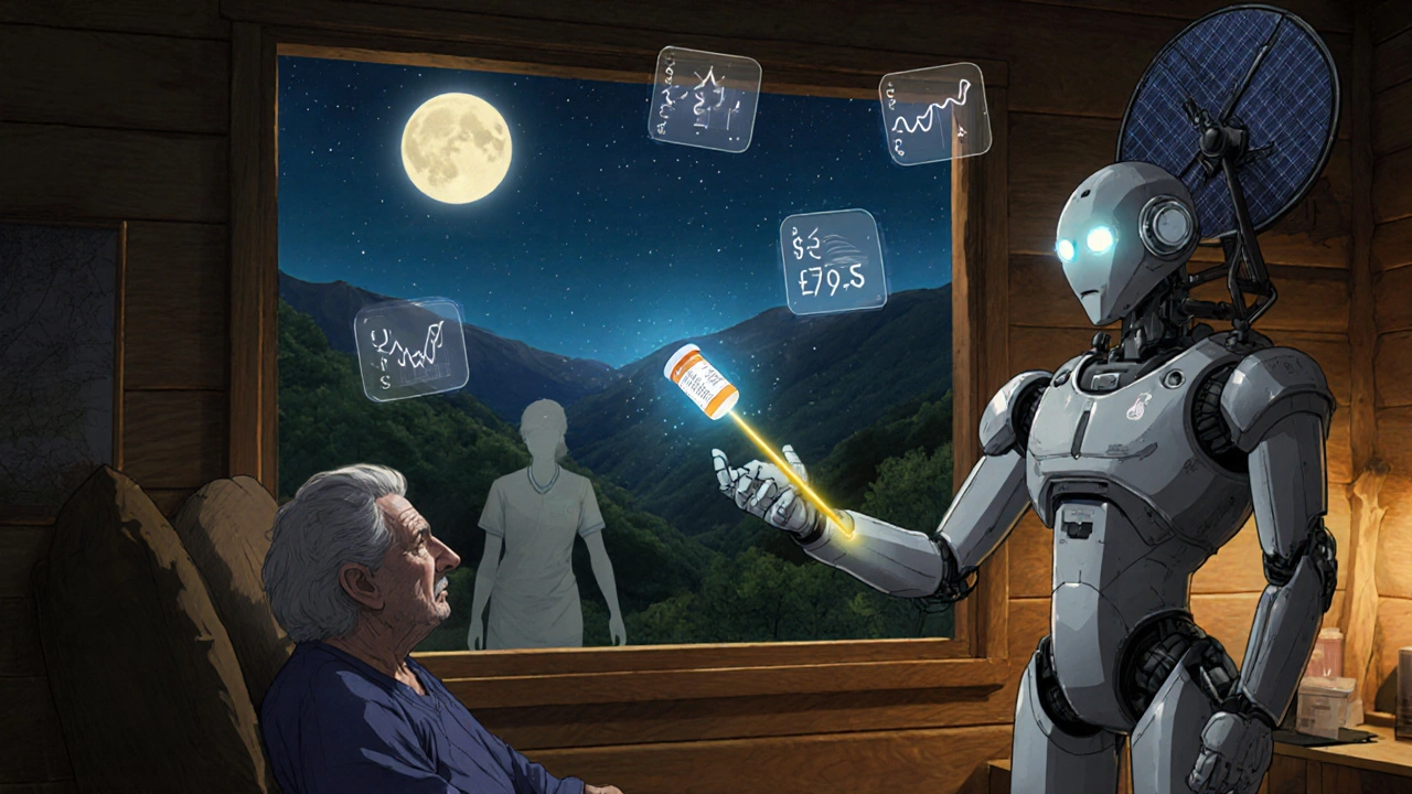 A rural telehealth robot delivers a generic prescription to an elderly patient under a starry sky, with digital team members glowing nearby.