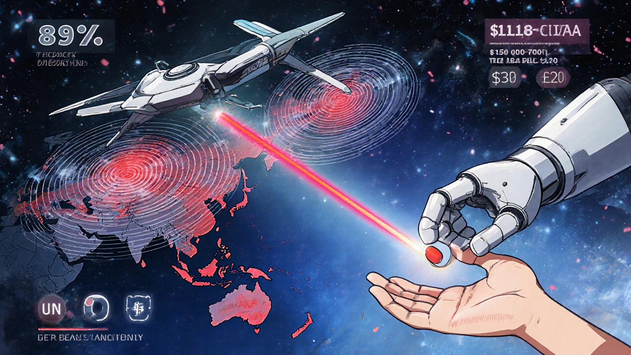 An AI drone detects contamination hotspots on a global map, sending a clean pill to a hospital.