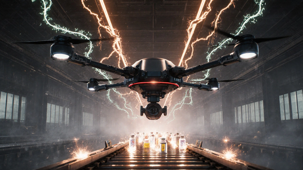 An AI drone scans pharmaceutical packages, vaporizing counterfeits with laser precision.