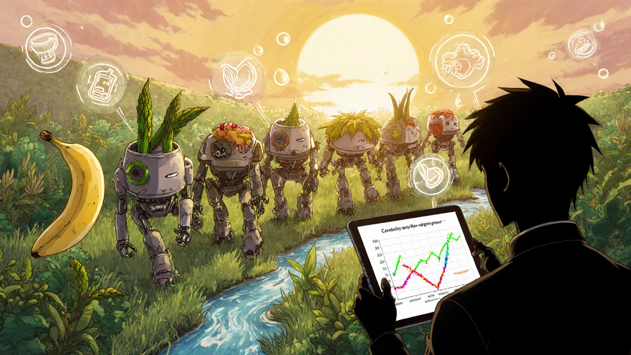 Diverse bacterial robots thriving in a lush gut garden, with a human watching a health graph under a golden sunrise.