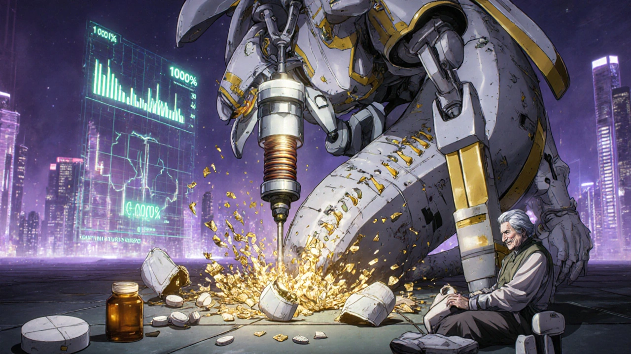 Dragon-shaped IV machine infusing medication into a patient&#039;s spine, with shattered oral pill bottles on the floor and golden bone fragments glowing around them.