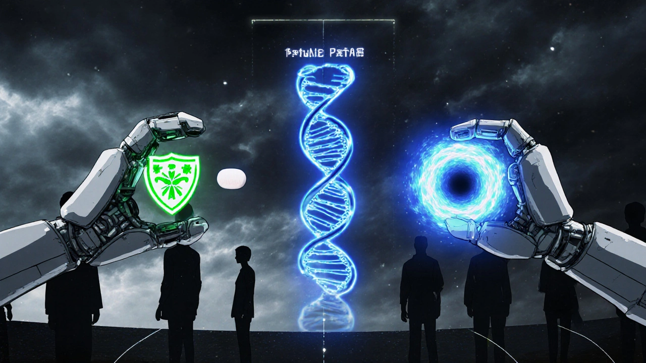 Genetic scanner revealing broken CYP2C19 genes with alternatives: prasugrel and pantoprazole glowing.