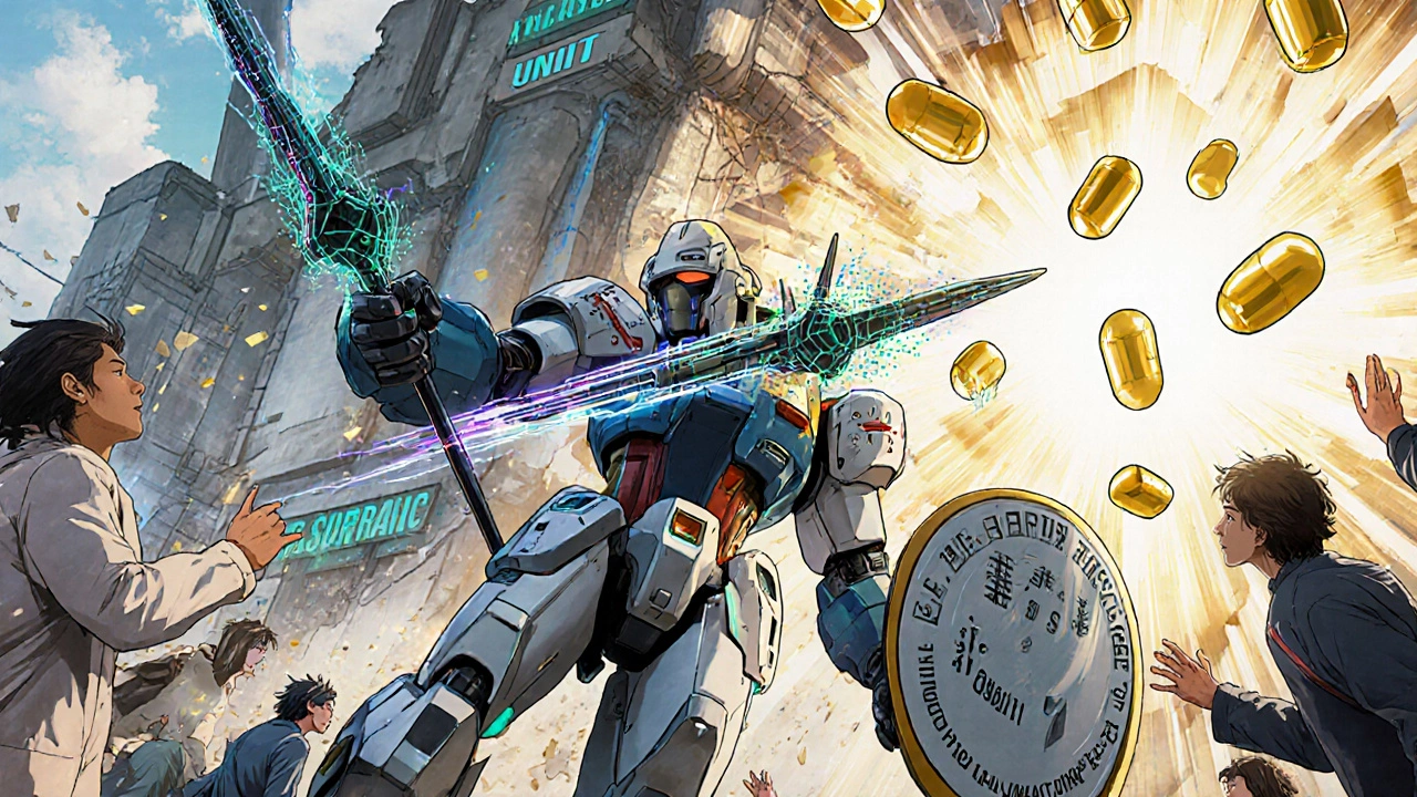 Heroic figures in mech suits fight supply chain failure using blockchain and continuous manufacturing.