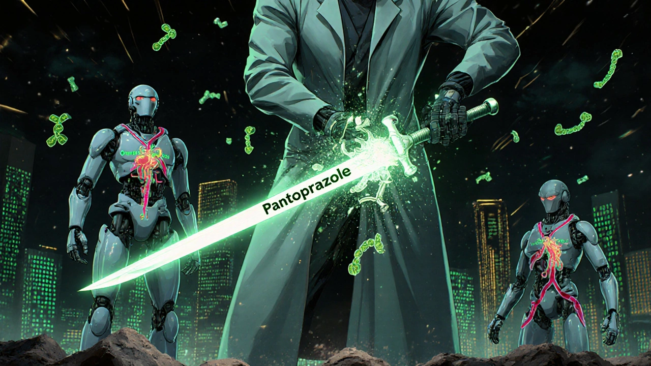 Heroic robot physician wielding pantoprazole sword, defeating harmful PPI robots in a cybercity.