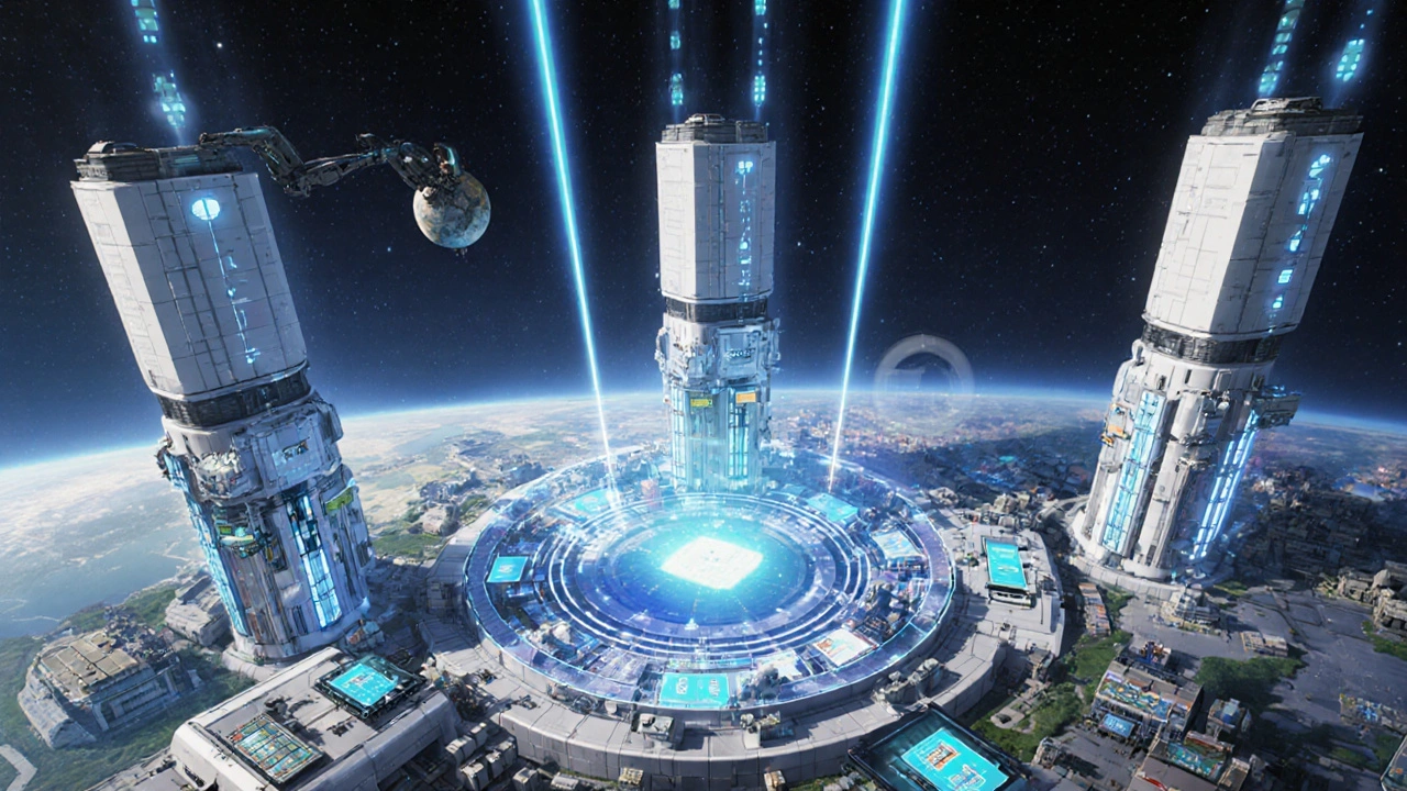 Modular global drug factories connected by AI beams, with inventory shield glowing safely.