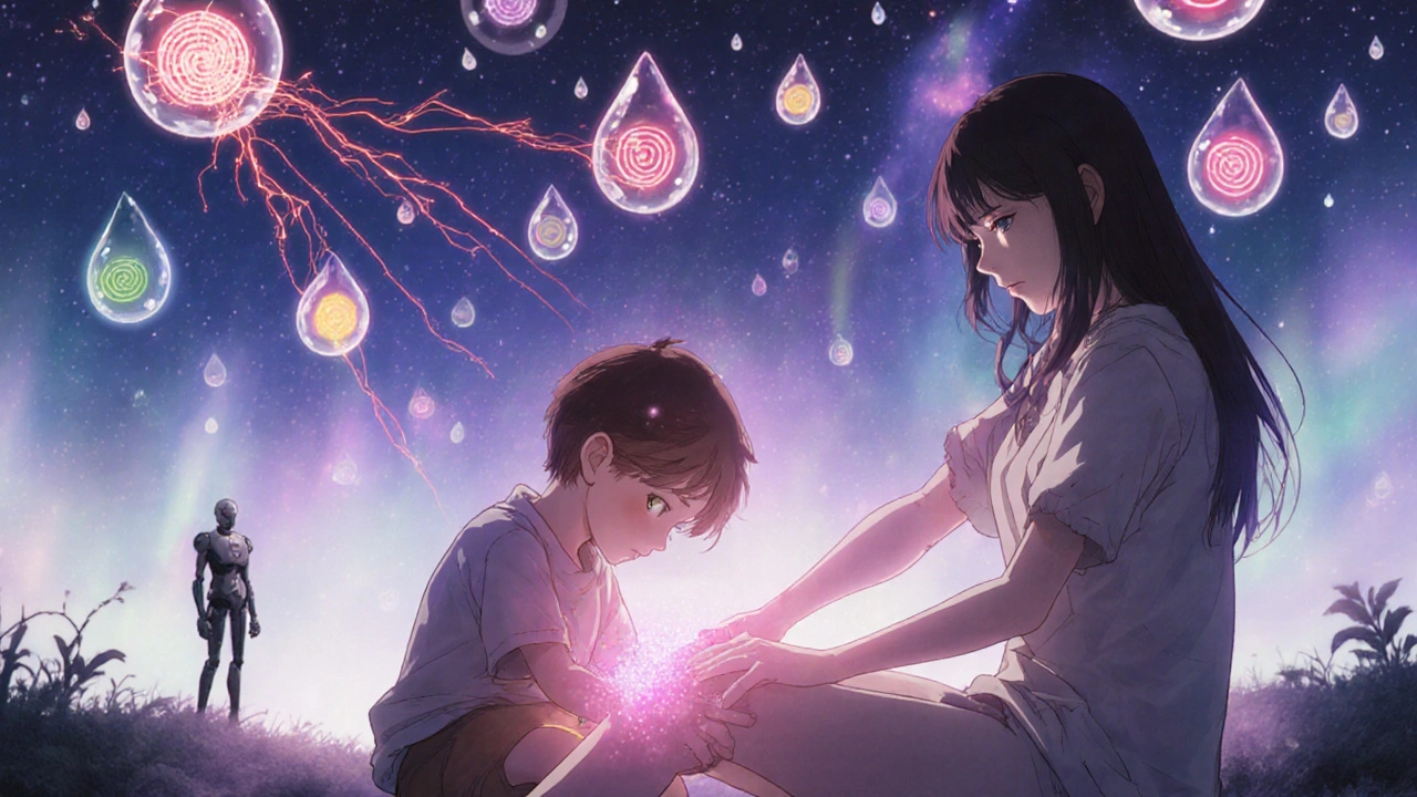 Parent and child share a peaceful massage under floating moisturizer droplets, neural energy calming.