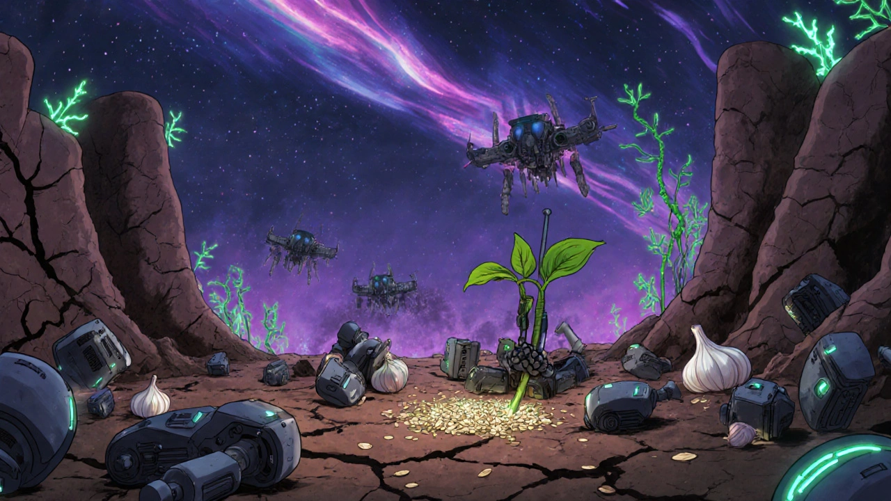 Post-battle gut landscape with dying bacteria robots and a hero sowing prebiotic seeds to restore the damaged ecosystem.