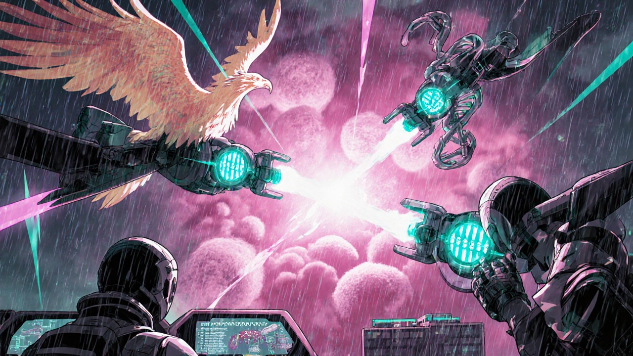 Three vaccine drones launch energy pulses at a tumor cloud over a hospital rooftop.