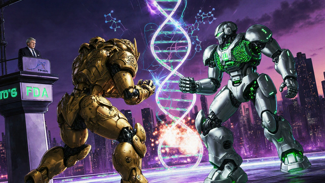 Two robotic biosimilars duel on a DNA-shaped arena, representing brand vs. alternative drug competition.