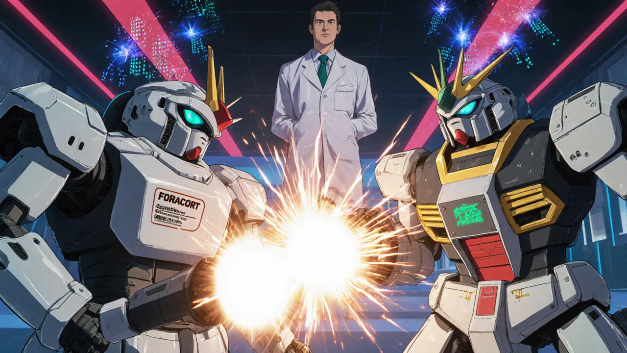 Two robotic inhalers battle in a lab, with identical efficacy scores displayed in mid-air.