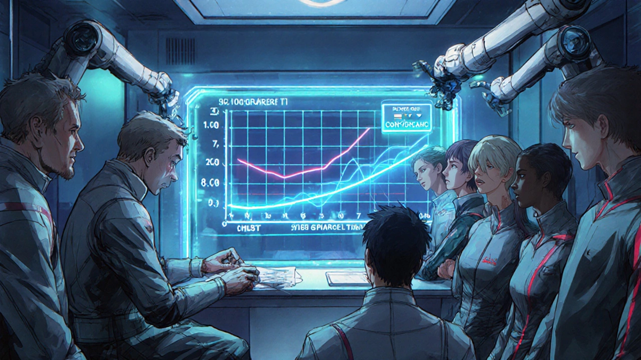 Volunteers in medical suits undergo a bioequivalence trial with holographic blood concentration graphs.