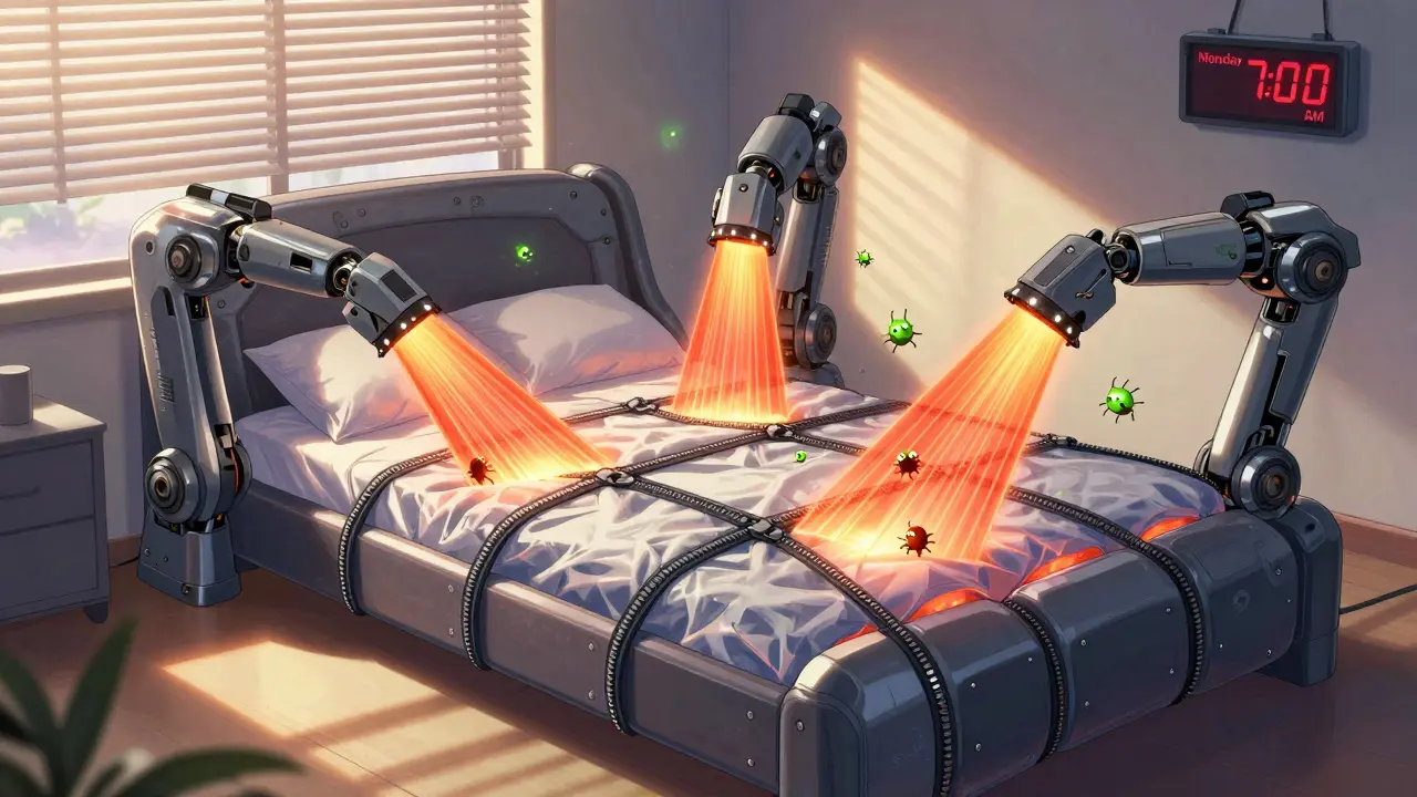 A biomechanical bed system dries and seals encasements to eliminate dust mites.