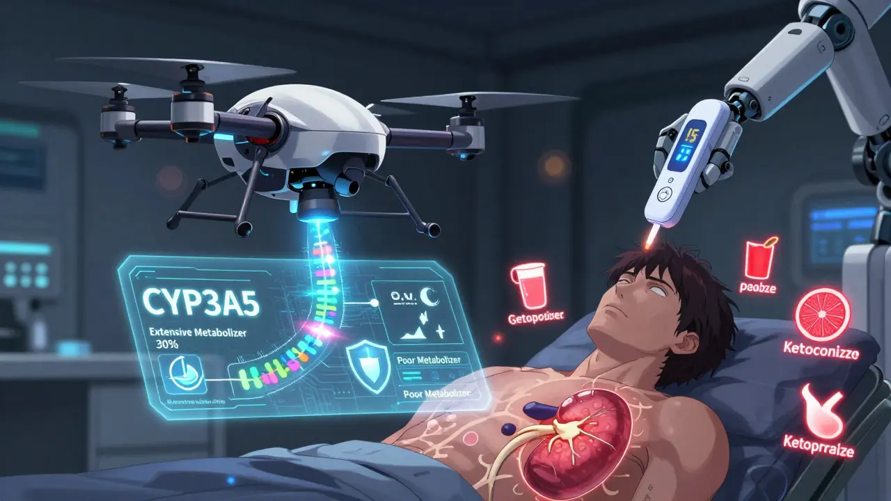 A drone projecting a gene sequence with dosage paths, while a finger-prick device counts down near a glowing kidney.