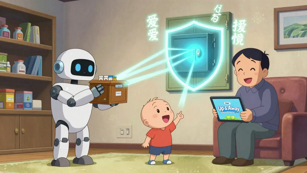 A family robot scene with a grandparent locking medicine, a parent smiling, and a toddler singing near a safety mural.