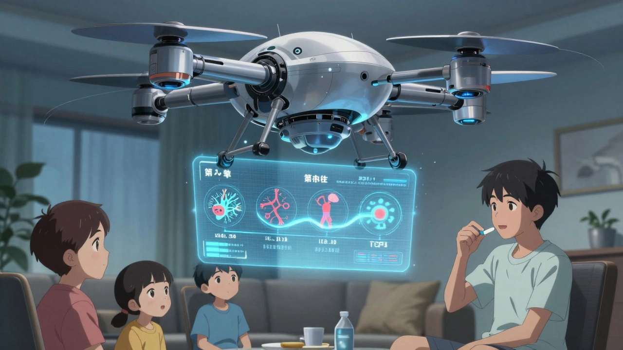 A futuristic drone projects a hologram of immune system change as a teen takes their daily allergy tablet.