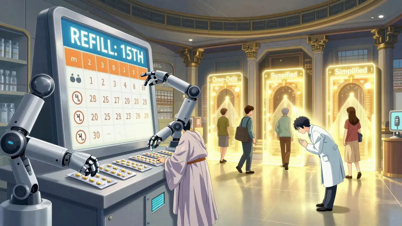 A futuristic pharmacy syncs all medications to one refill date under glowing holographic calendars.