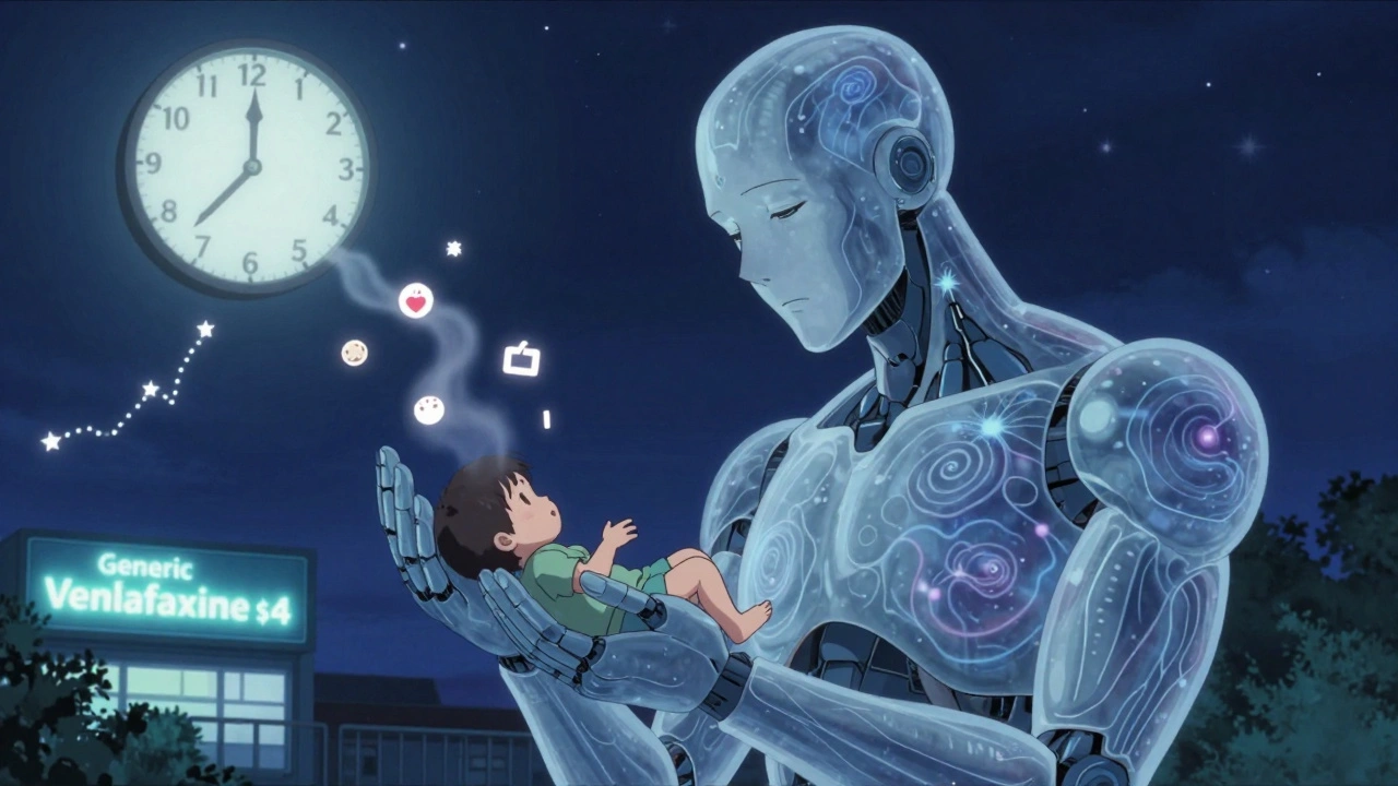 A gentle humanoid robot cradles a child as neural networks glow beneath translucent skin, with fading side effect symbols above.