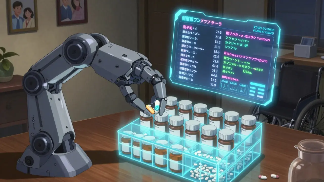 A giant mechanical arm sorts pills with holographic medication data floating above.