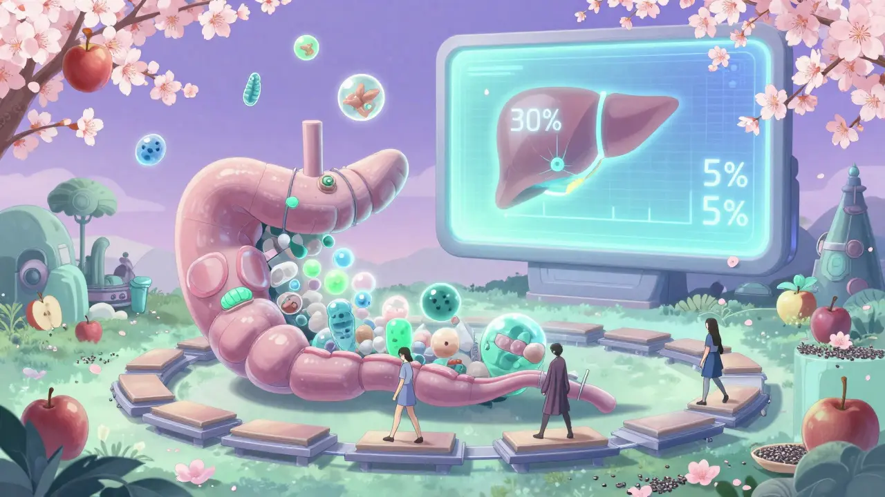 A gut-shaped temple with people walking and probiotic spirits glowing above.