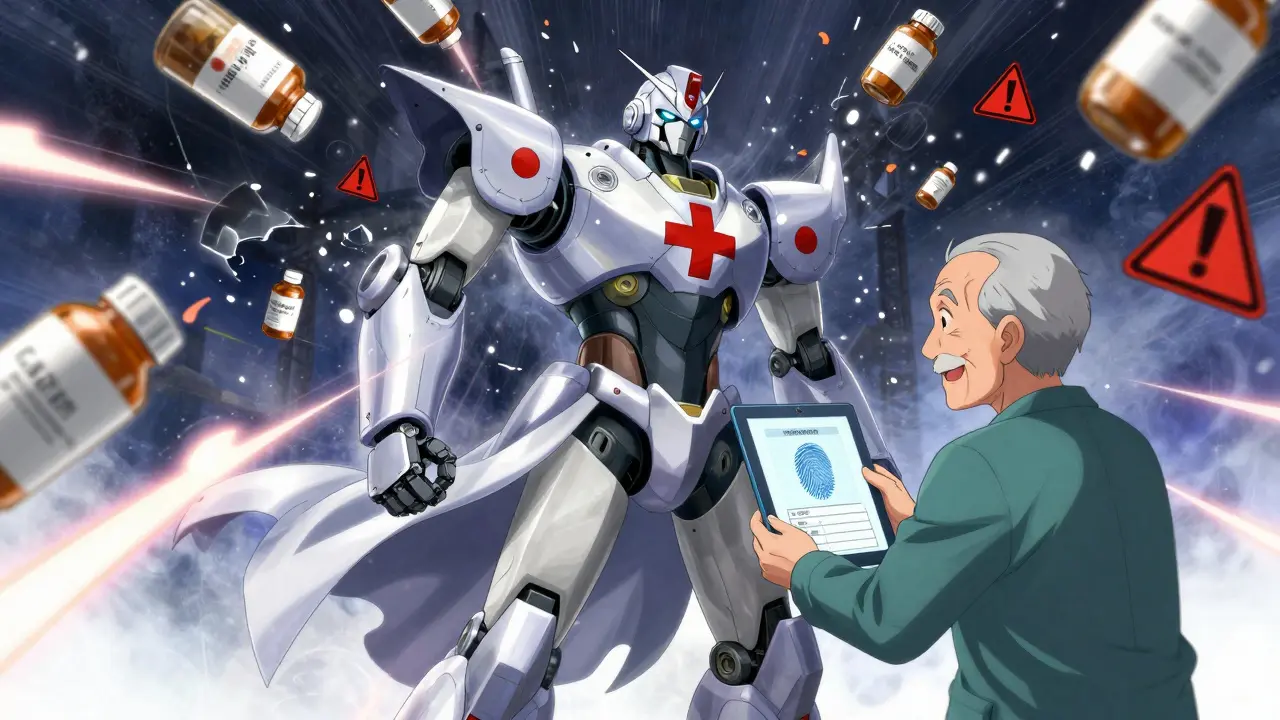 A heroic robot stands beside an elderly man as medication errors vanish into digital confetti.