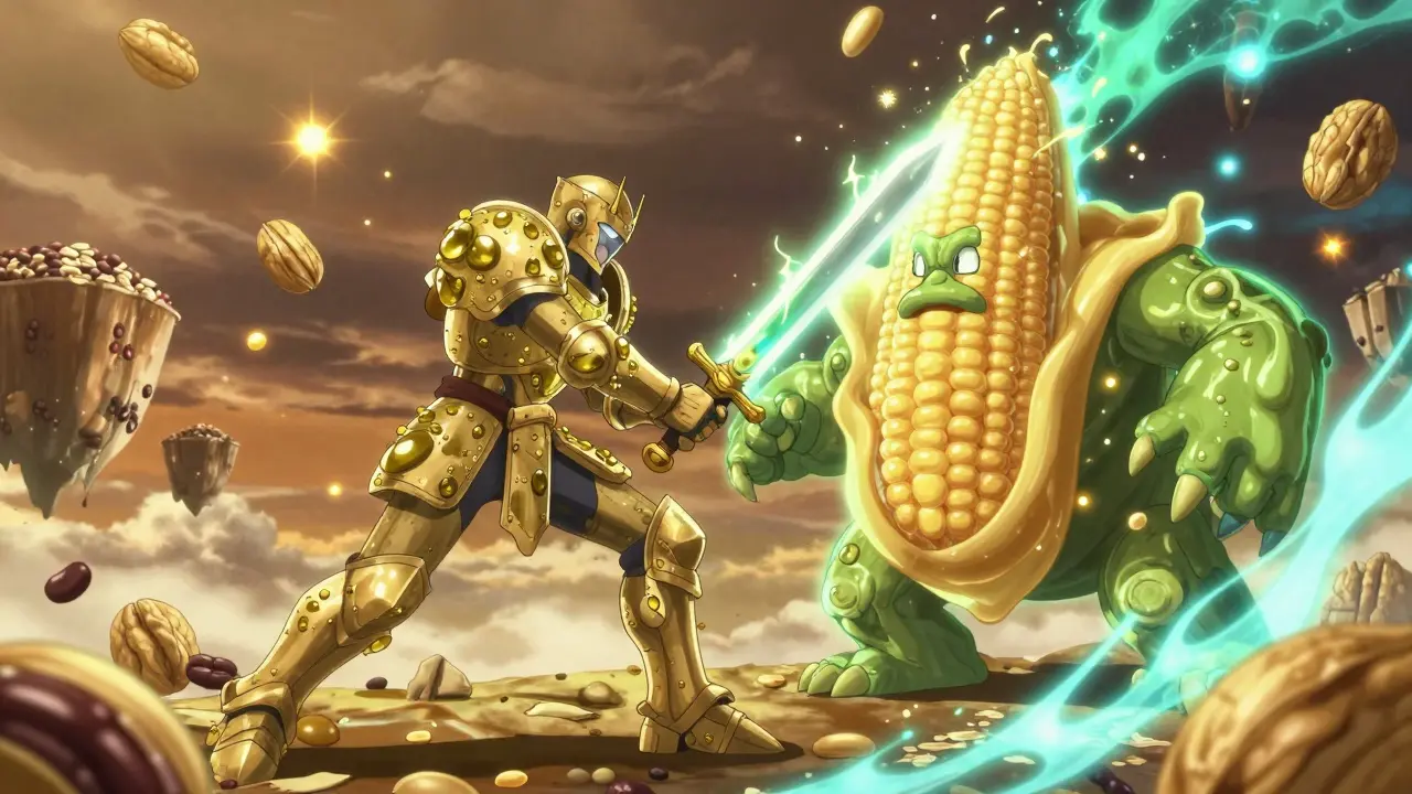 A knight made of healthy foods battles a syrup monster amid floating whole grains.