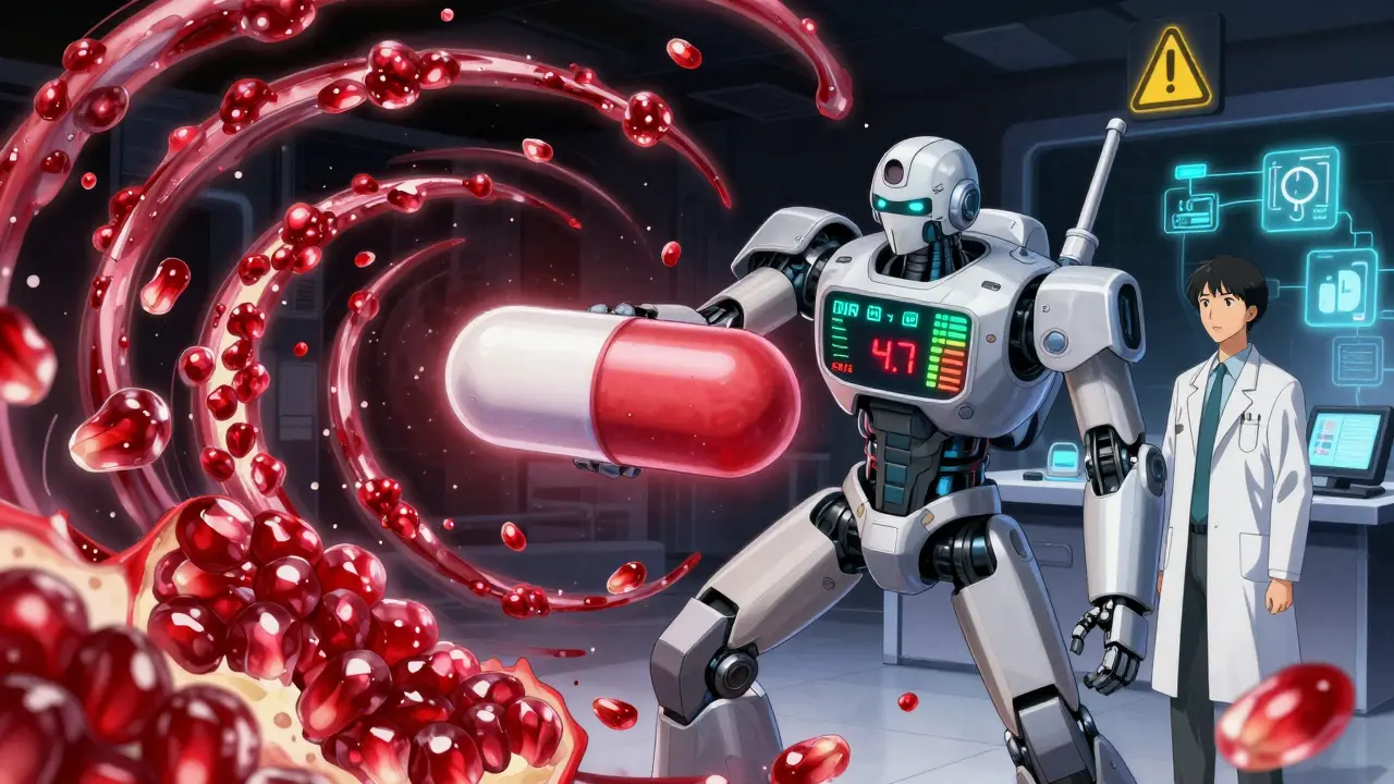 A medic robot with a warfarin core fighting pomegranate juice serpents as INR levels surge dramatically.