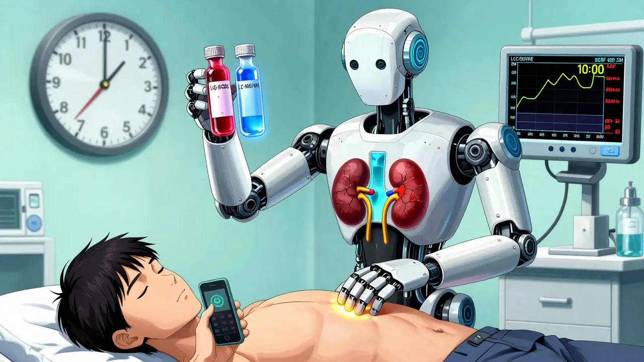 A medical robot comparing two blood vials while a patient sets an alarm, with vital signs displayed nearby.