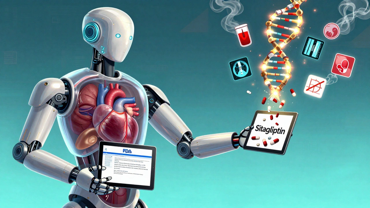 A medical robot reveals a human pancreas as DPP-4 pills dissolve into smoke around a fractured joint symbol.