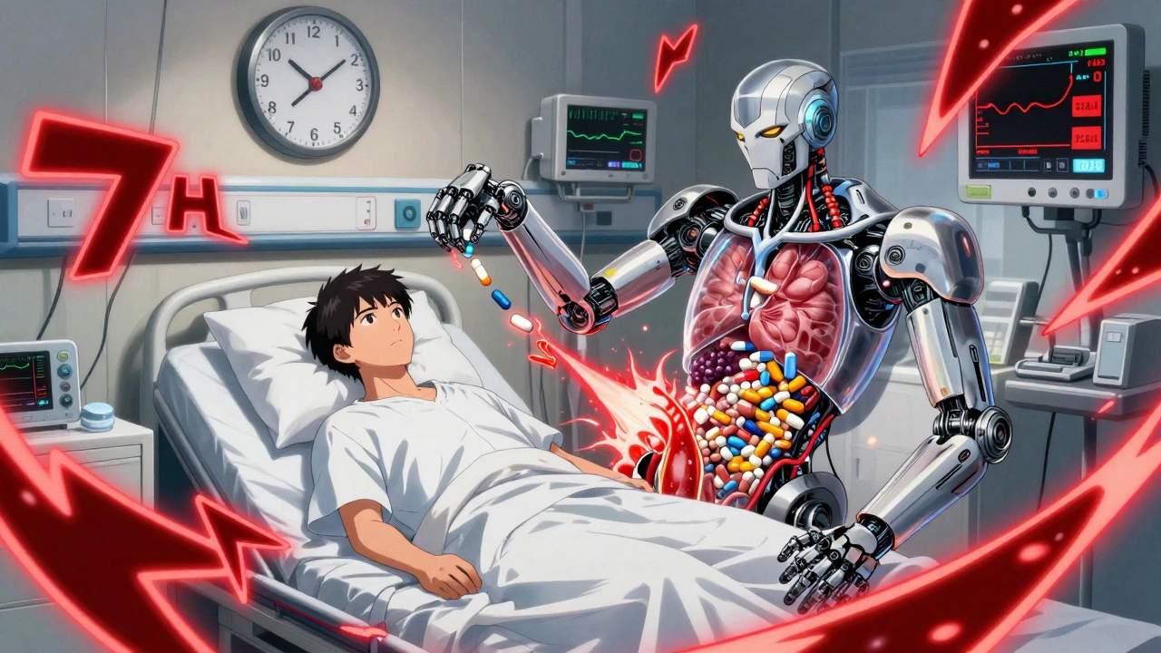 A patient&#039;s body becomes a machine ejecting drugs, with warning clocks and flickering monitors.