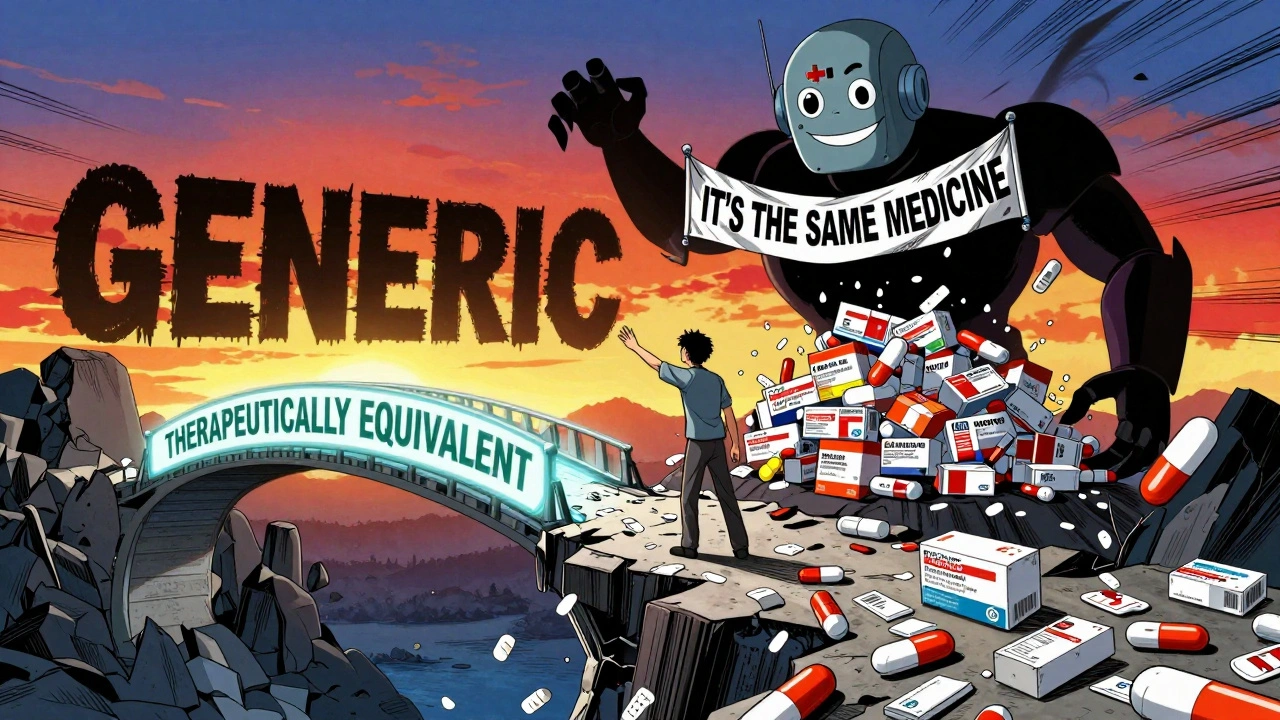 A patient crosses a crumbling label bridge toward a hopeful banner, while a monstrous &#039;GENERIC&#039; shadow consumes brand-name boxes.