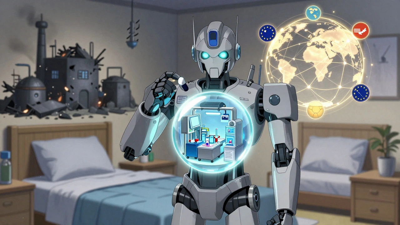 A patient holds a pill revealing a clean internal factory, while corrupt facilities crumble, symbolizing global safety reforms in anime style.