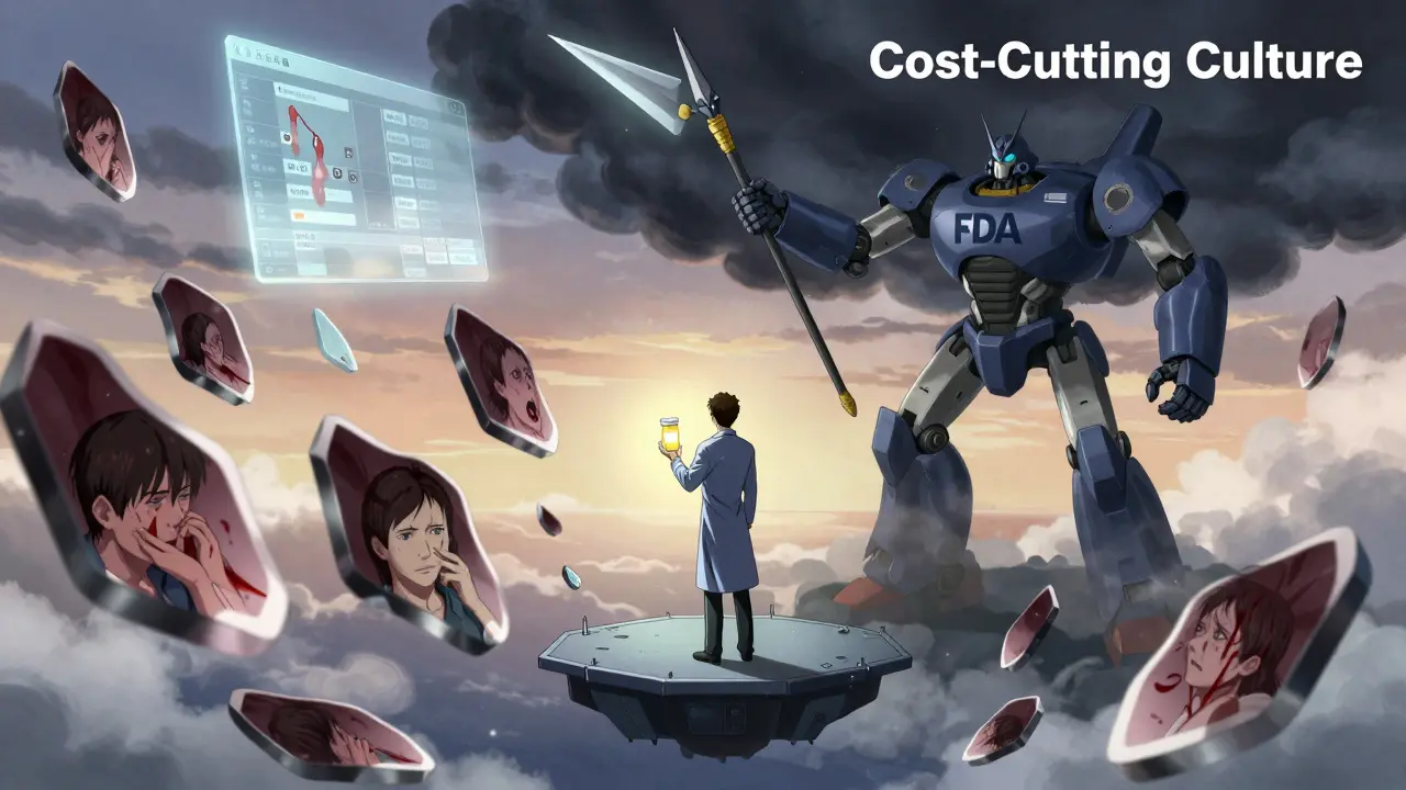 A patient holds a prescription as shattered generics show medical horrors, while a heroic FDA mech rises with data.