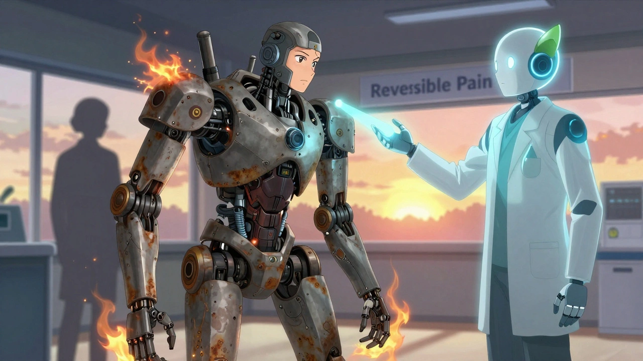 A patient with robotic, failing joints is reached by a healing light from an alternative medication robot.