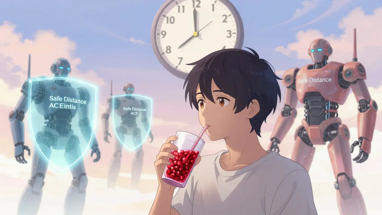 A person drinking pomegranate juice while robotic guardians of medications stand guard with safety barriers.