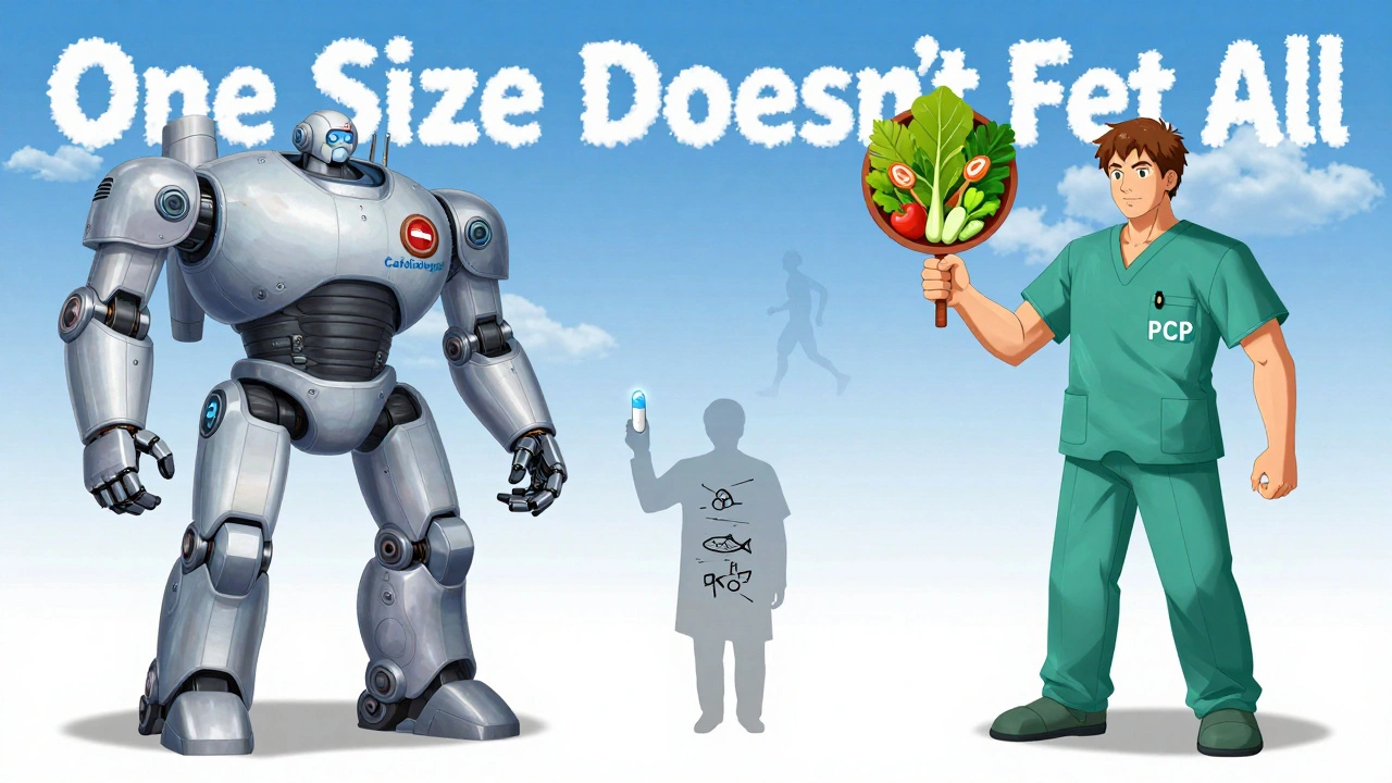 A person stands between two robotic doctors—one offering aspirin, the other a stop sign made of vegetables.