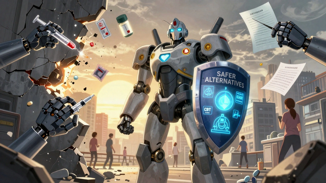 A pharmacist mech shields safer depression treatments as St. John’s Wort supplements explode into ash.